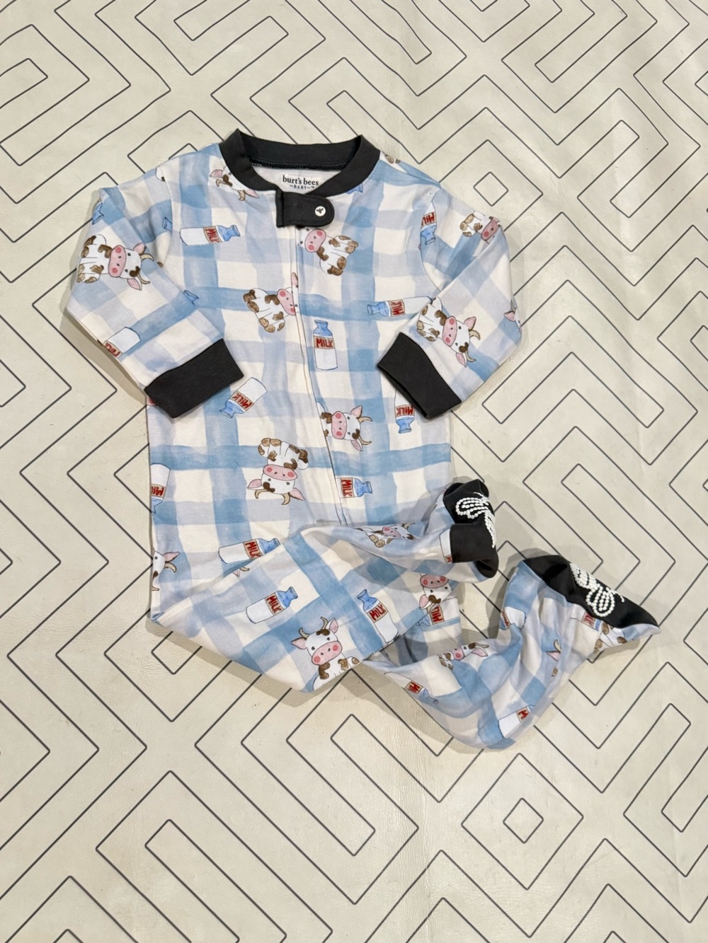Burt's Bees Baby Blue Check Milk and Cow Print Footed Pajamas